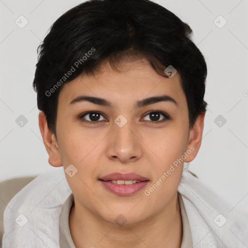 Joyful latino young-adult female with short  brown hair and brown eyes