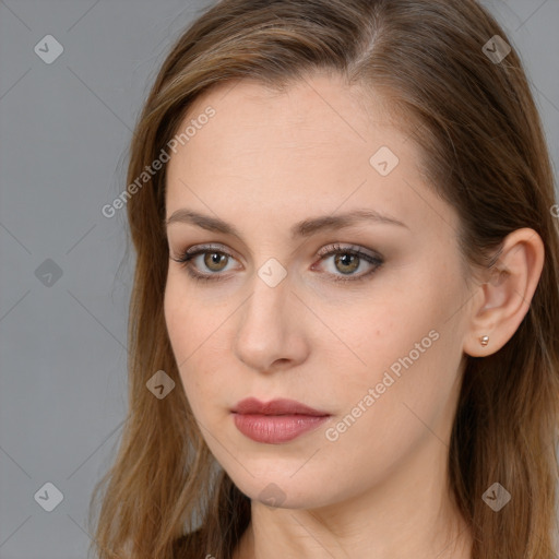 Neutral white young-adult female with long  brown hair and brown eyes