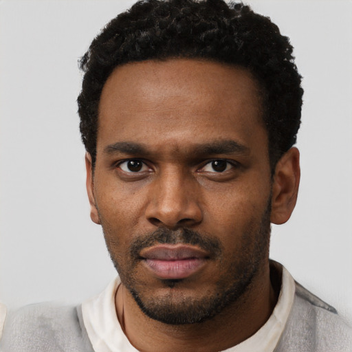Neutral black young-adult male with short  black hair and brown eyes