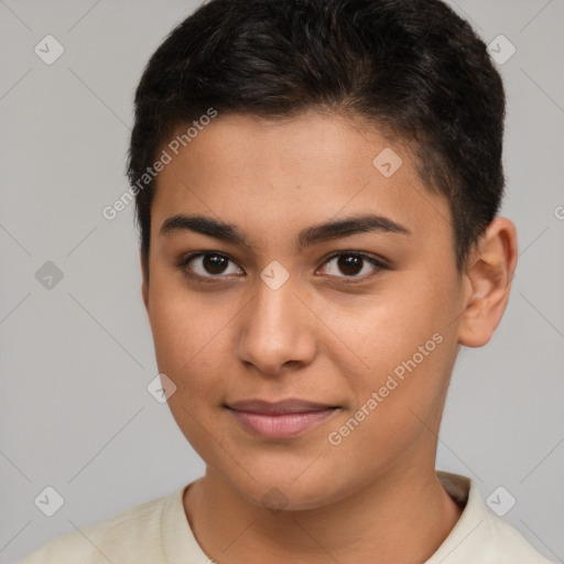 Joyful latino young-adult female with short  brown hair and brown eyes