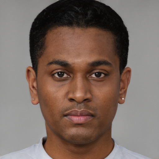 Neutral black young-adult male with short  black hair and brown eyes