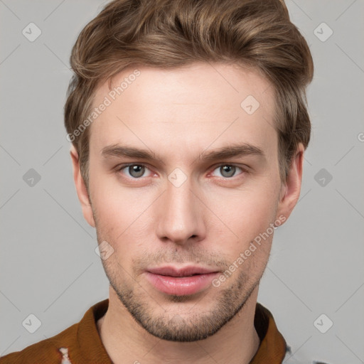 Neutral white young-adult male with short  brown hair and grey eyes