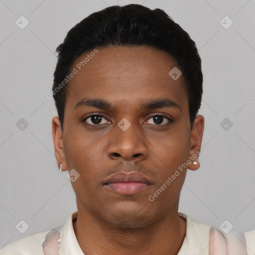 Neutral black young-adult male with short  black hair and brown eyes