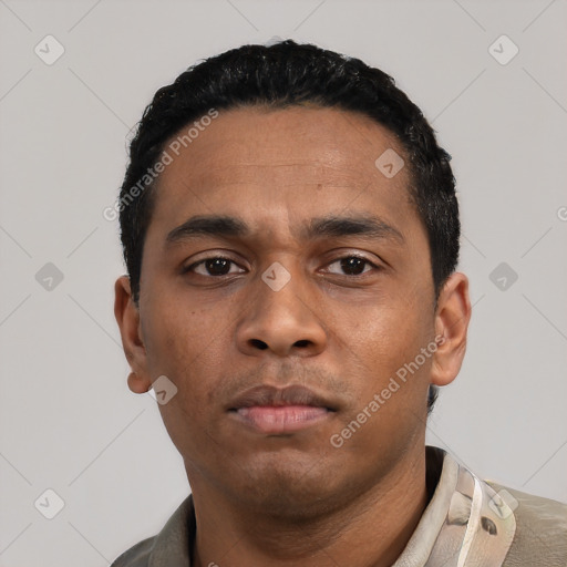 Neutral latino young-adult male with short  black hair and brown eyes