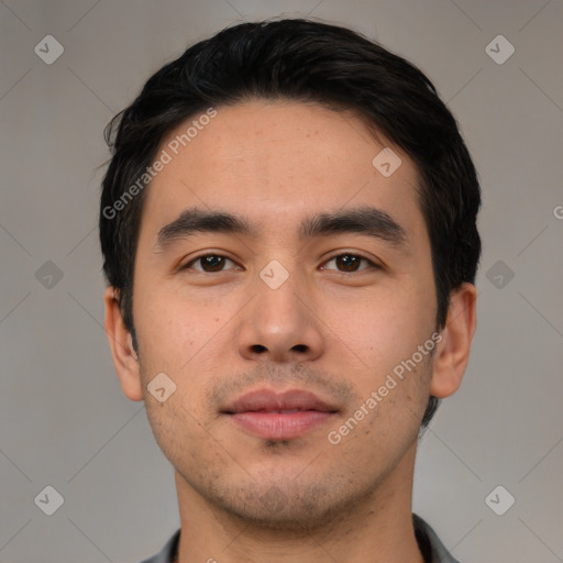 Neutral asian young-adult male with short  black hair and brown eyes