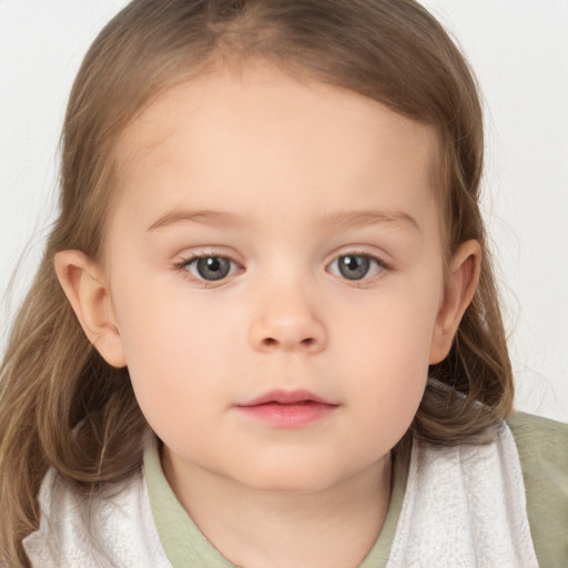 Neutral white child female with medium  brown hair and blue eyes