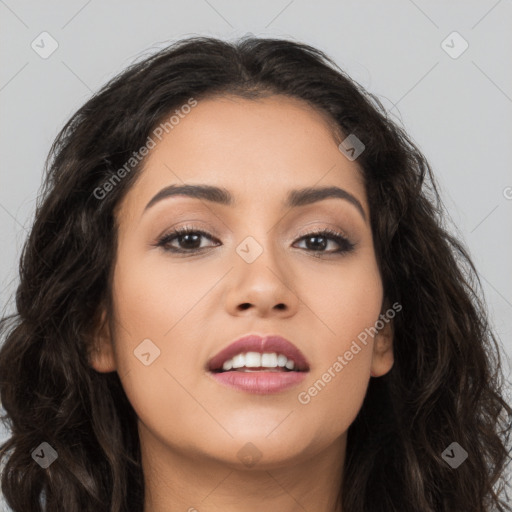 Joyful asian young-adult female with long  brown hair and brown eyes