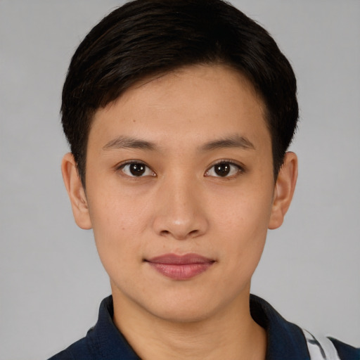 Joyful asian young-adult female with short  brown hair and brown eyes