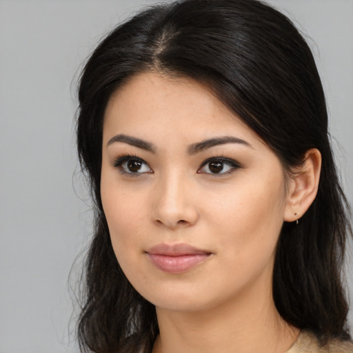 Neutral asian young-adult female with long  brown hair and brown eyes