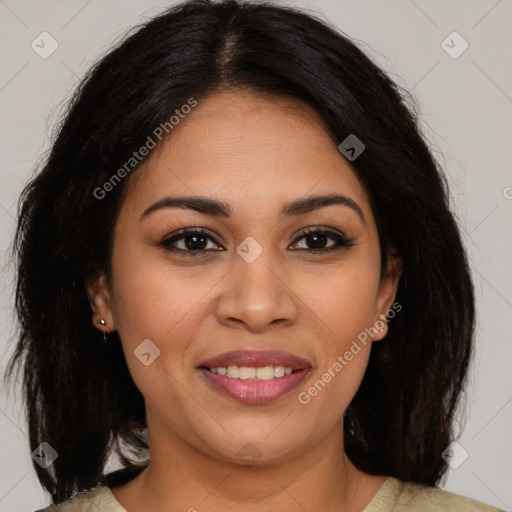 Joyful latino young-adult female with medium  brown hair and brown eyes