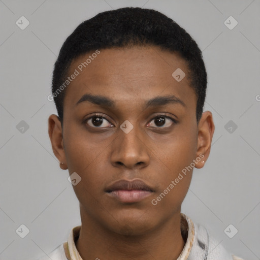 Neutral black young-adult male with short  black hair and brown eyes