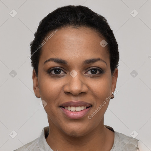 Joyful latino young-adult female with short  black hair and brown eyes