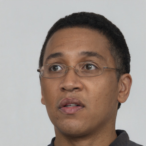 Neutral black adult male with short  black hair and brown eyes