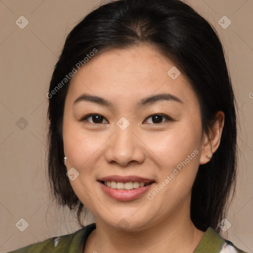 Joyful white young-adult female with medium  brown hair and brown eyes