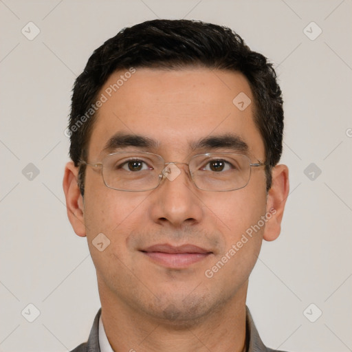 Joyful white young-adult male with short  black hair and brown eyes