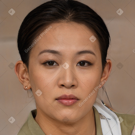 Neutral white young-adult female with medium  brown hair and brown eyes