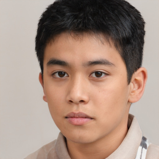 Neutral asian young-adult male with short  black hair and brown eyes