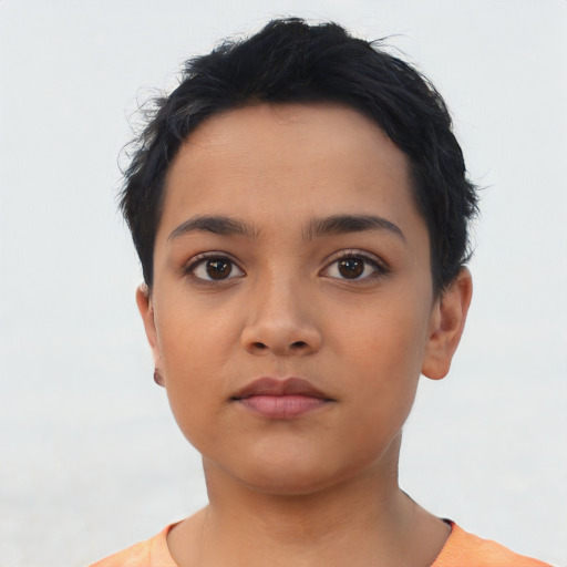 Neutral asian young-adult female with short  black hair and brown eyes