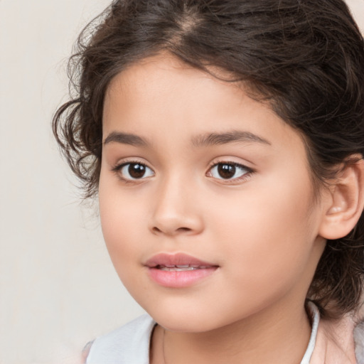 Joyful white child female with medium  brown hair and brown eyes