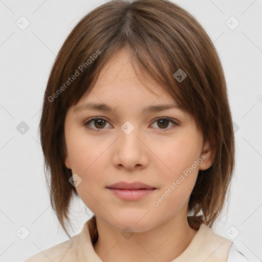 Neutral white young-adult female with medium  brown hair and brown eyes