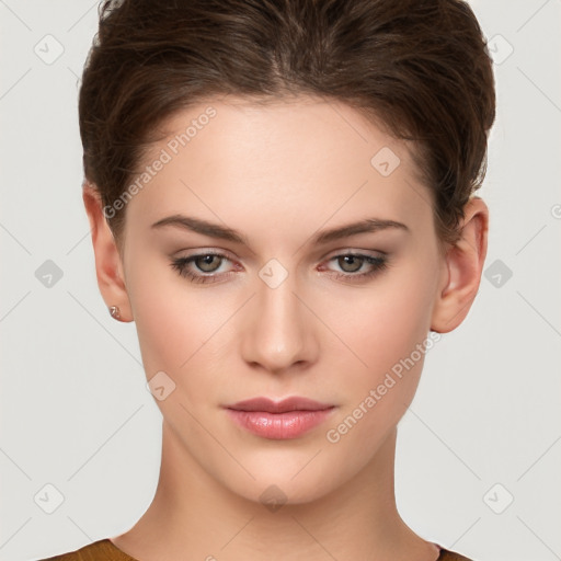 Neutral white young-adult female with short  brown hair and brown eyes