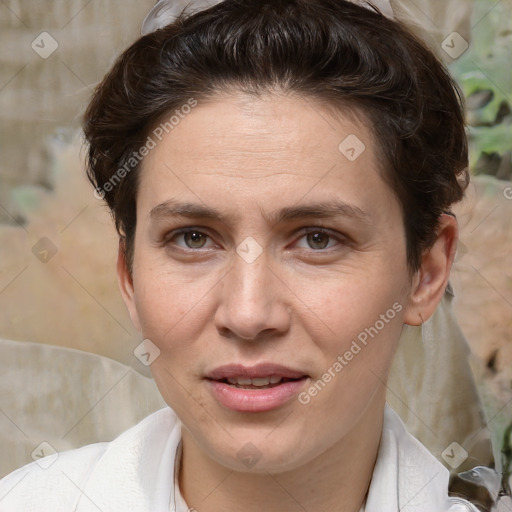 Joyful white adult female with medium  brown hair and brown eyes