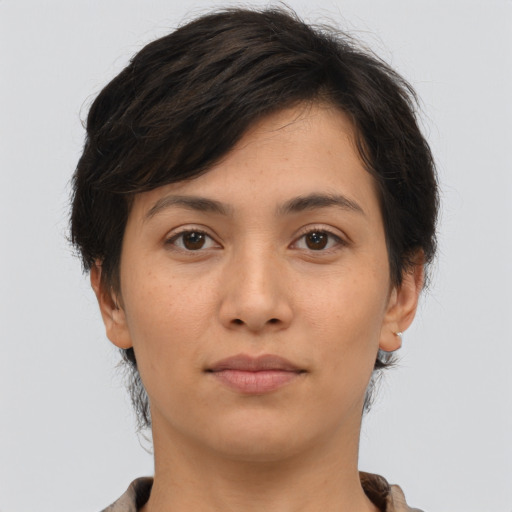 Neutral asian young-adult female with short  brown hair and brown eyes