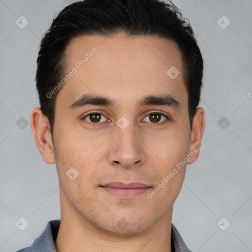 Joyful white young-adult male with short  brown hair and brown eyes