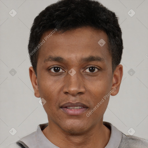 Neutral black young-adult male with short  black hair and brown eyes