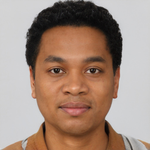 Joyful black young-adult male with short  black hair and brown eyes