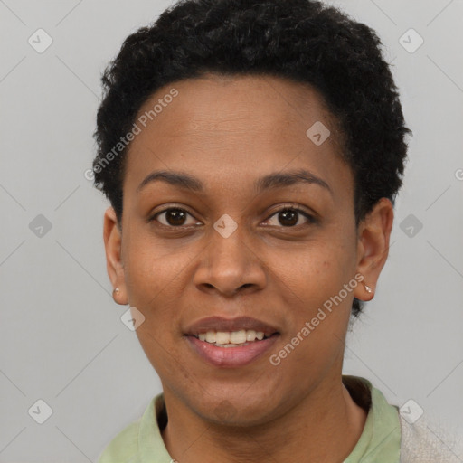 Joyful latino young-adult female with short  black hair and brown eyes