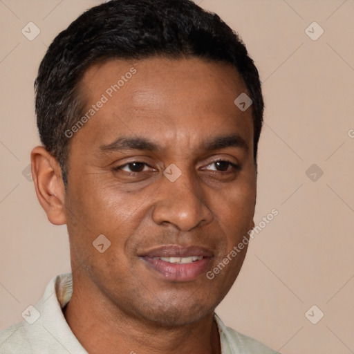 Joyful black young-adult male with short  brown hair and brown eyes