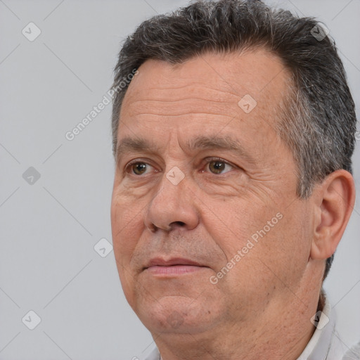 Neutral white middle-aged male with short  brown hair and brown eyes