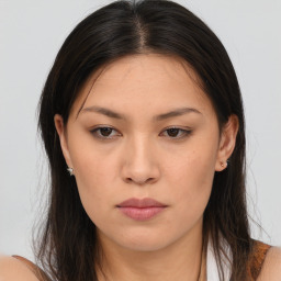 Neutral asian young-adult female with medium  brown hair and brown eyes