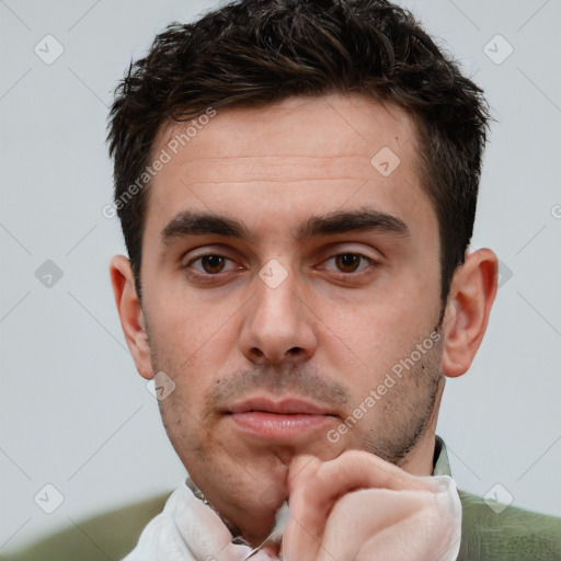 Neutral white young-adult male with short  brown hair and brown eyes