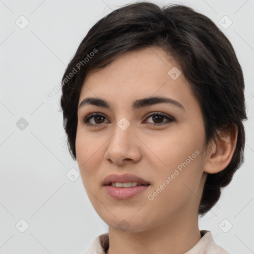 Joyful white young-adult female with medium  brown hair and brown eyes