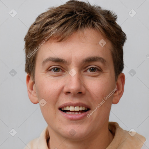 Joyful white young-adult male with short  brown hair and brown eyes