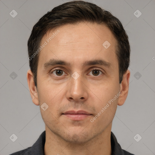 Neutral white adult male with short  brown hair and brown eyes