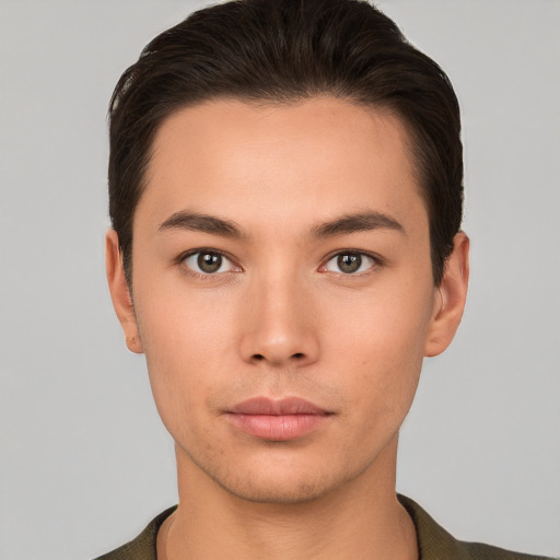 Neutral white young-adult male with short  brown hair and brown eyes