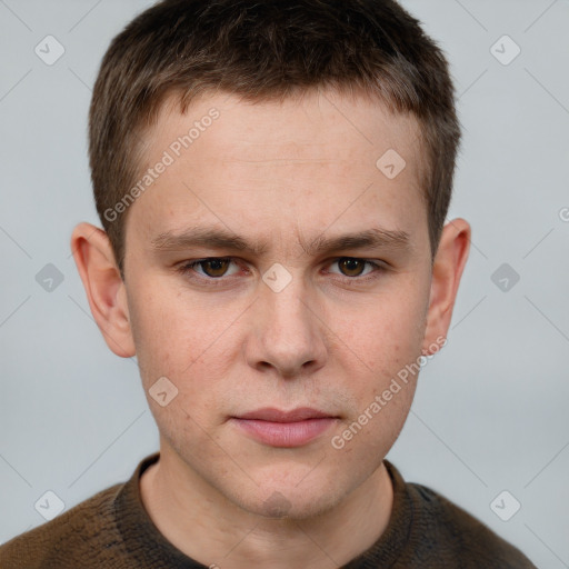 Neutral white young-adult male with short  brown hair and grey eyes