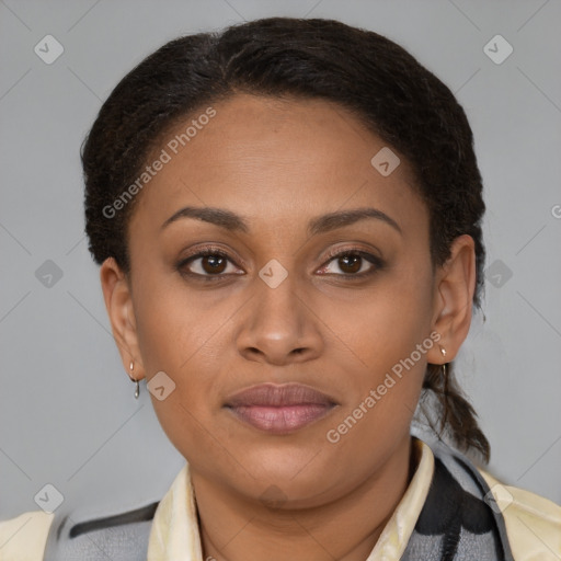 Joyful latino young-adult female with short  brown hair and brown eyes