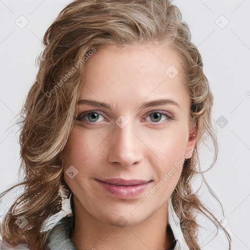 Joyful white young-adult female with long  brown hair and blue eyes