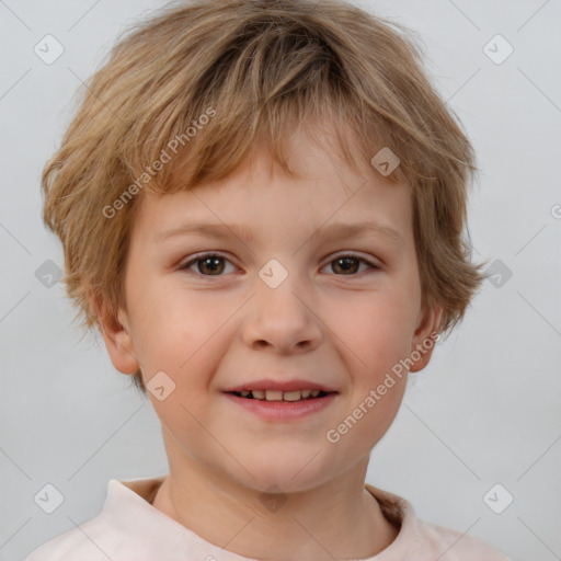 Joyful white child female with short  brown hair and brown eyes