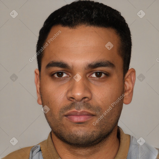 Neutral latino young-adult male with short  black hair and brown eyes