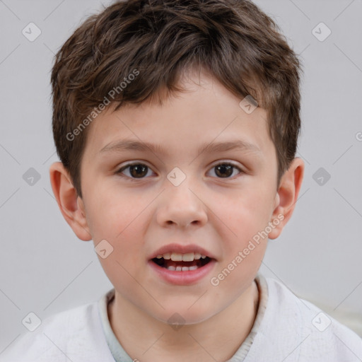 Joyful white child male with short  brown hair and brown eyes