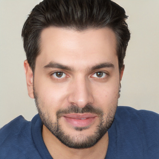 Joyful white young-adult male with short  brown hair and brown eyes