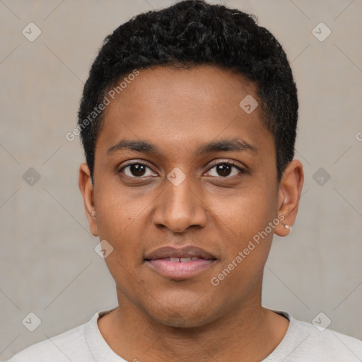 Joyful black young-adult male with short  brown hair and brown eyes