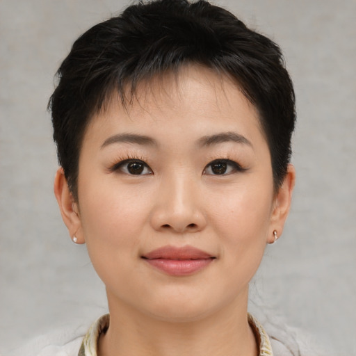 Joyful asian young-adult female with short  brown hair and brown eyes