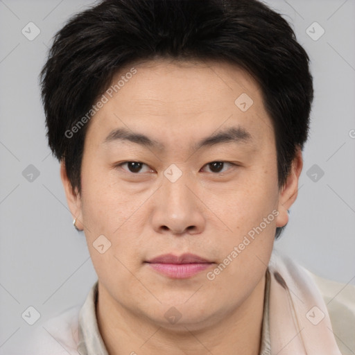 Neutral asian young-adult male with short  brown hair and brown eyes