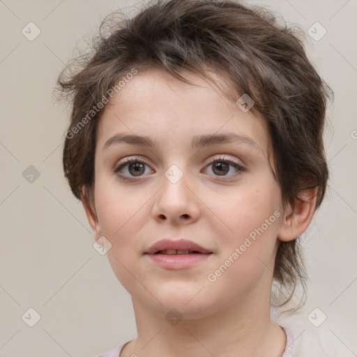 Neutral white young-adult female with medium  brown hair and brown eyes